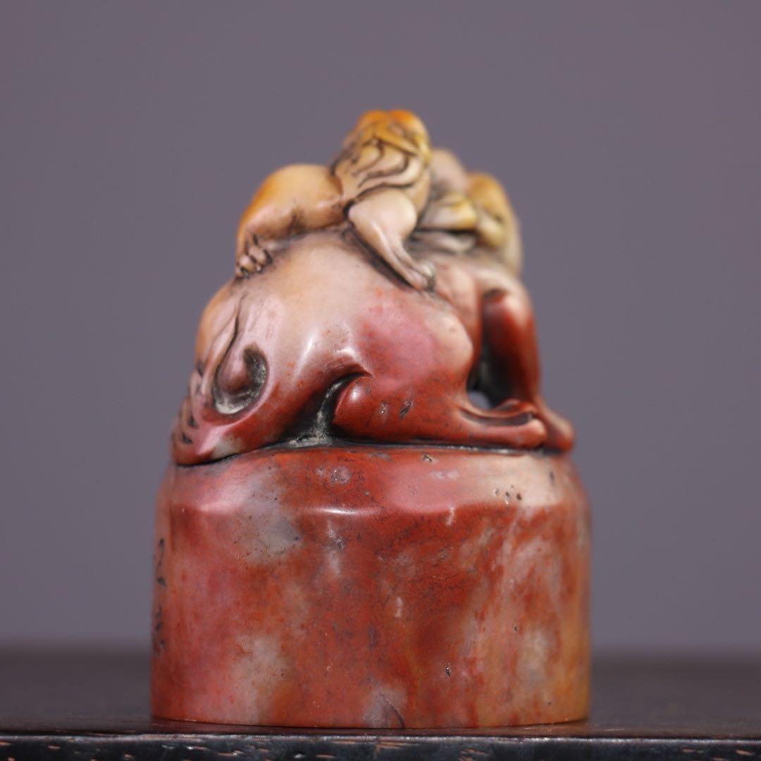 旧家蔵出 文房具 古美術 神獣・親子 細工彫刻 寿山石 印鑑 時代物