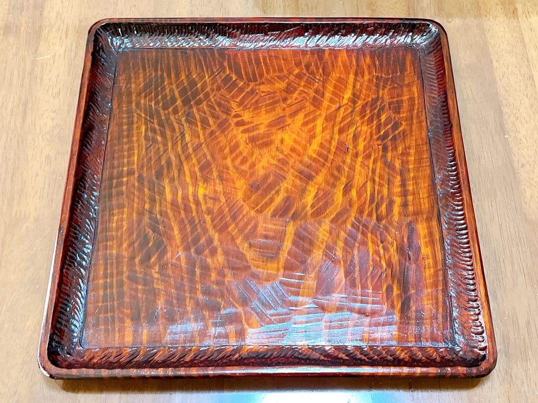 時代物 お膳 讃岐彫り 正方形 お盆 アンティーク 漆器 トレー 木彫り５枚