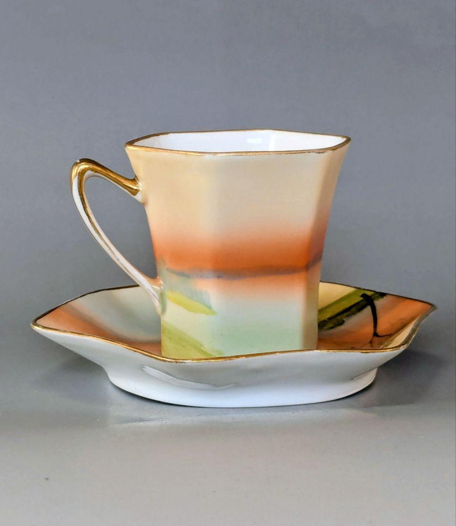 オールドノリタケ 金彩湖畔風景図　六角形ヘキサゴン　キャビネットカップ＆ソーサー