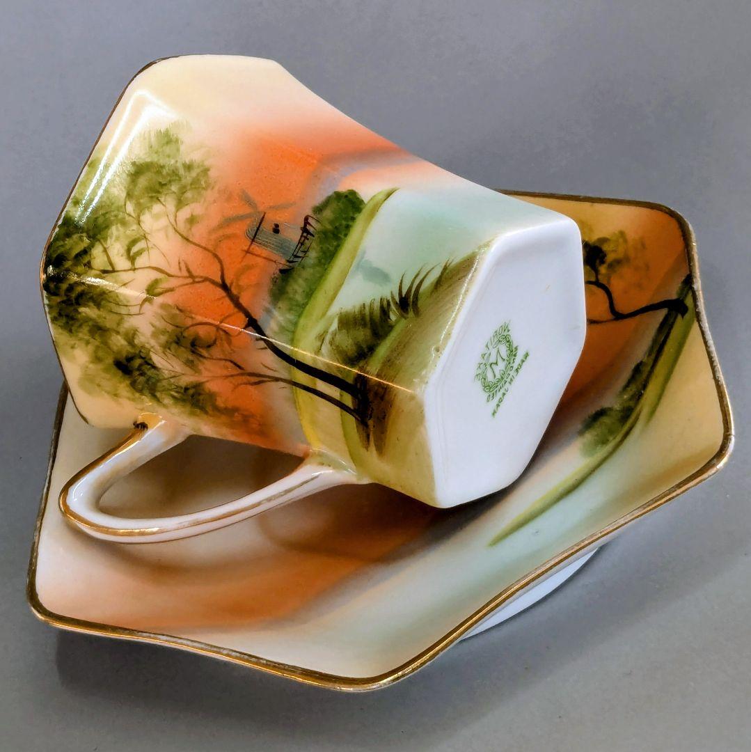 オールドノリタケ 金彩湖畔風景図　六角形ヘキサゴン　キャビネットカップ＆ソーサー