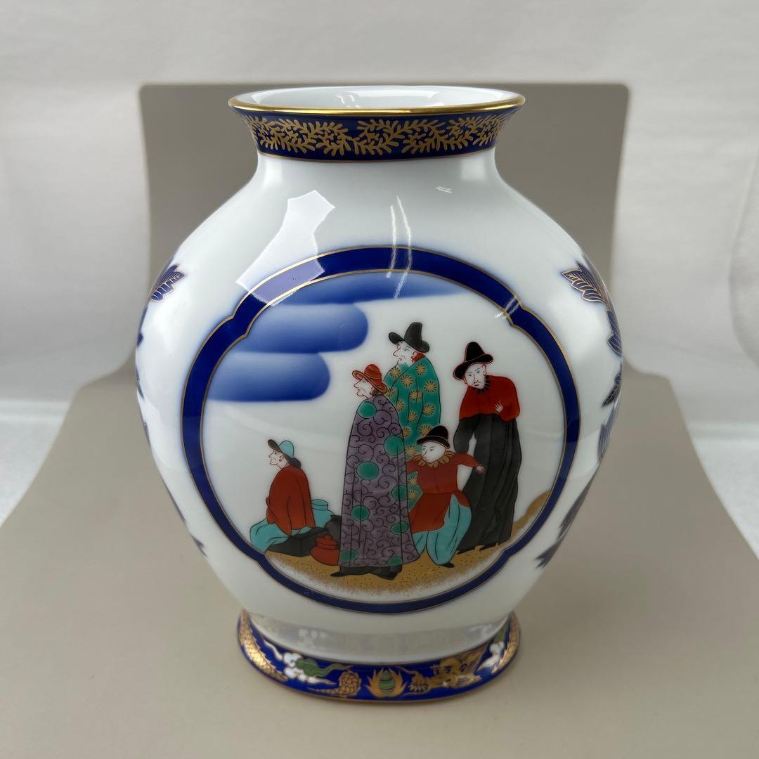 香蘭社 南蛮船 南蛮渡来人 オランダ人 和蘭陀人 金彩 花瓶 花器