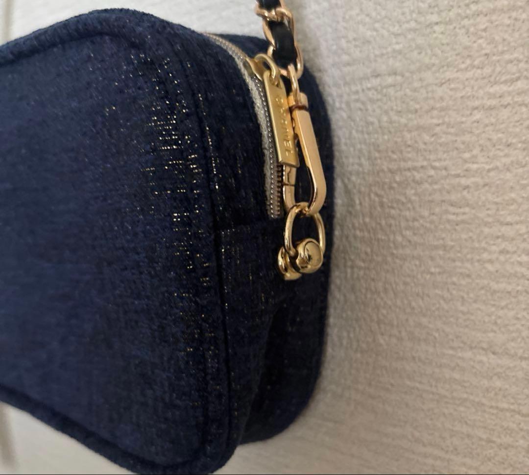 美品 シャネル ポーチ ノベルティ ネイビー×ツイードゴールド チェーン付き