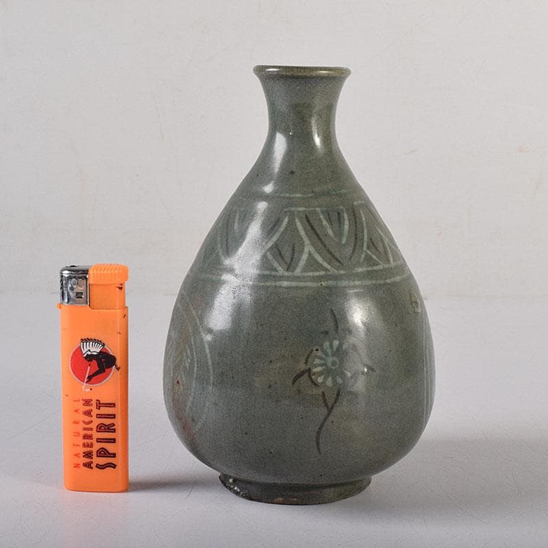 李朝 高麗青磁 象嵌花文 徳利 V R7994