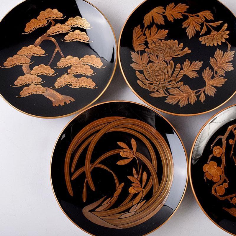 和食器　輪島塗　高崎秋峰作　高台寺蒔絵　五聖絵替　銘々皿　五客　共箱　C8533