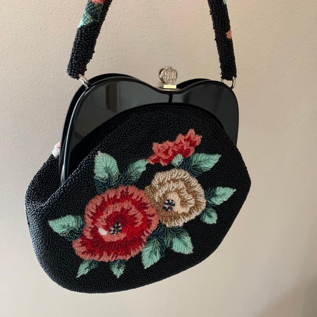 花柄　総ビーズ　ハンドバッグ　ビーズバッグ　和装　パーティ　昭和レトロ