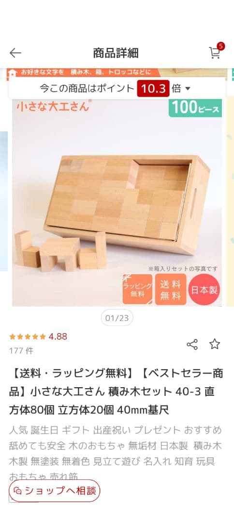 小さな大工さん 積み木セット 直方体80個 立方体20個 40mm基尺