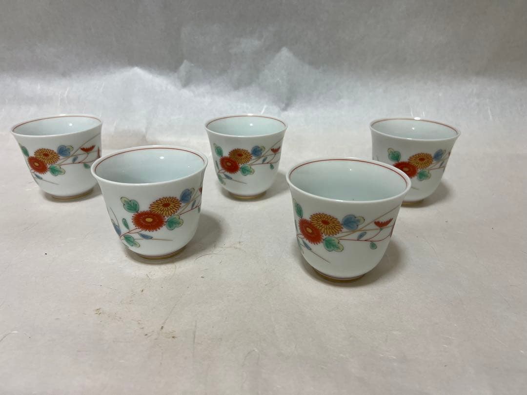 ぐい呑 菊文宮内庁用深川製菊小鳥　湯呑みセット径 7㎝×高 時代物5点木箱あり