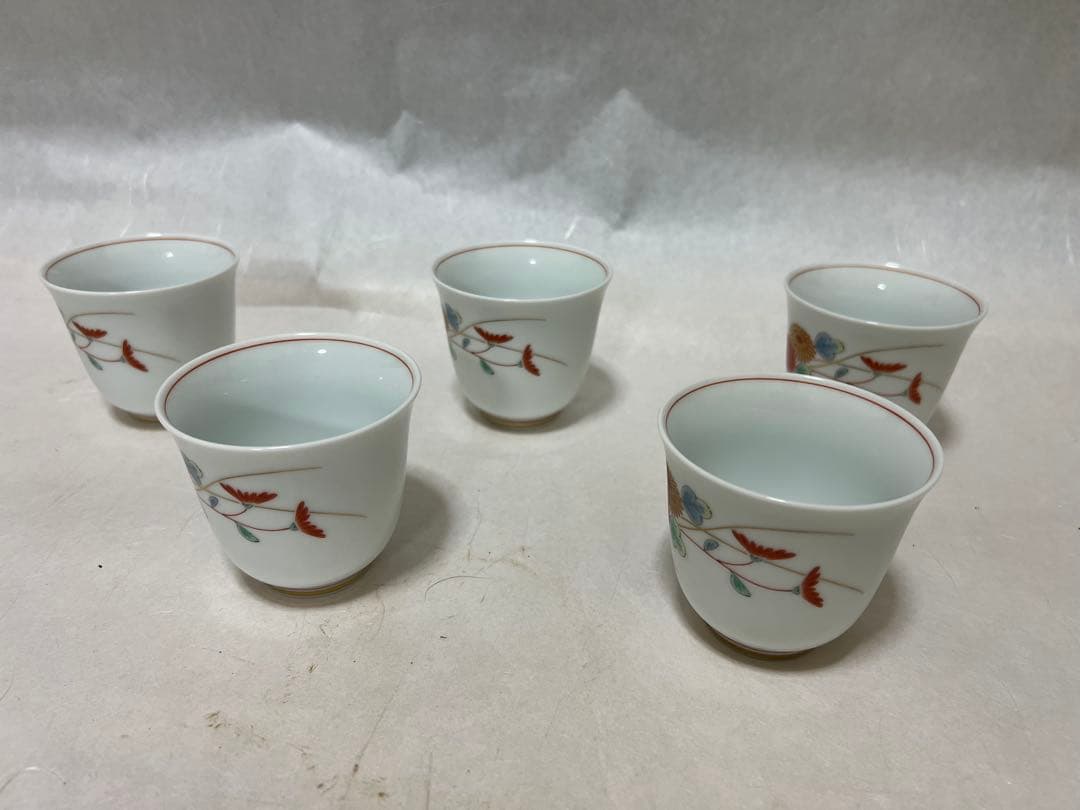 ぐい呑 菊文宮内庁用深川製菊小鳥　湯呑みセット径 7㎝×高 時代物5点木箱あり