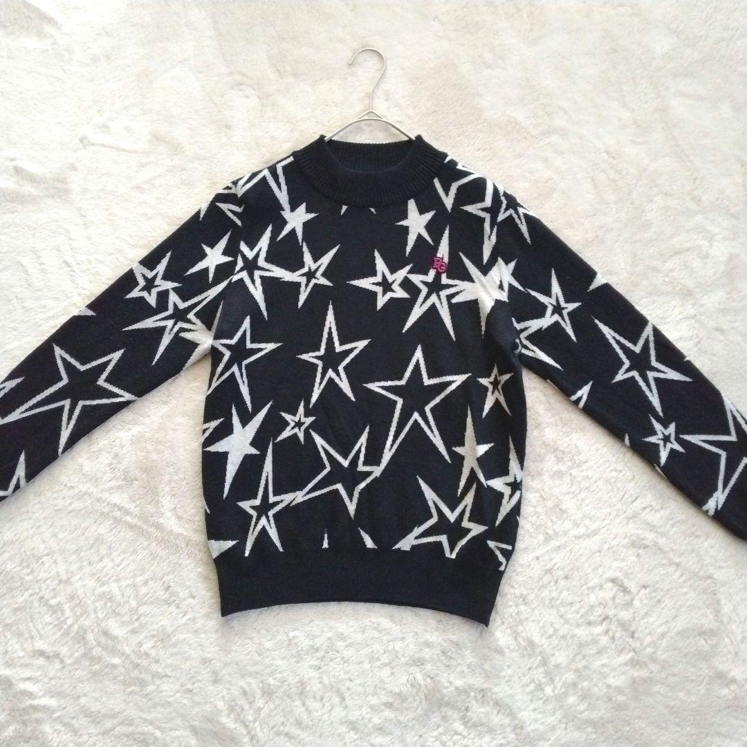 パーリーゲイツ　ウール 刺繍 星柄ジャガード モックネック ニット プルオーバー