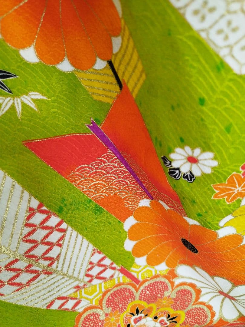 アンティーク黄緑の着物と帯セット