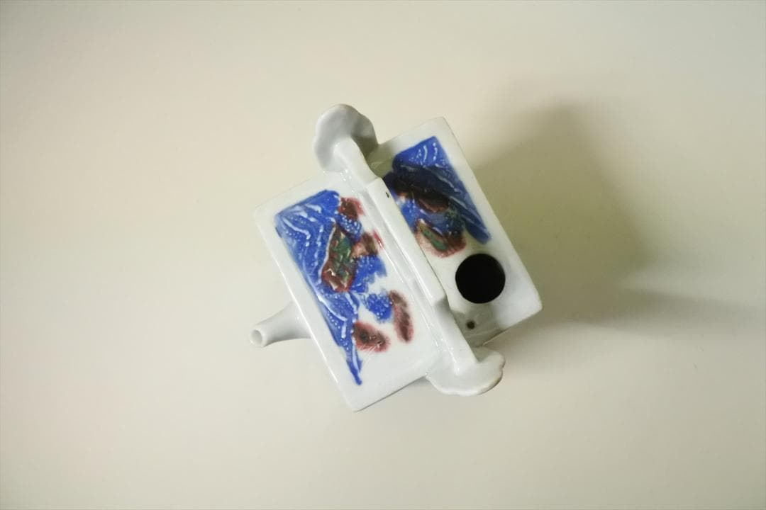 江戸後期　平戸焼　染付　辰砂　角水注　角徳利　持手付　骨董品　アンティーク　i