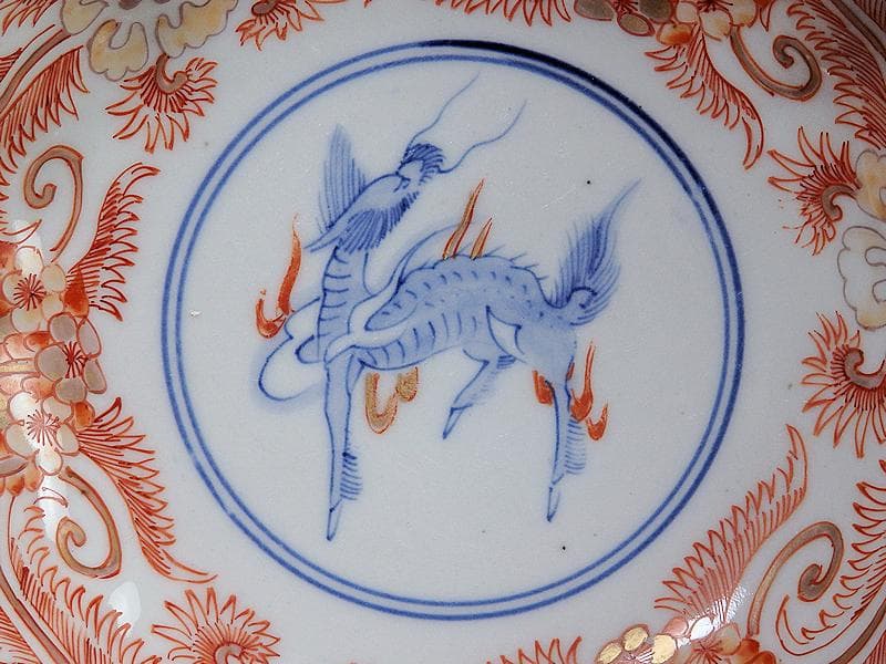 古伊万里 赤絵 草花紋に麒麟の図 膾皿 2客 D119AS-BVx