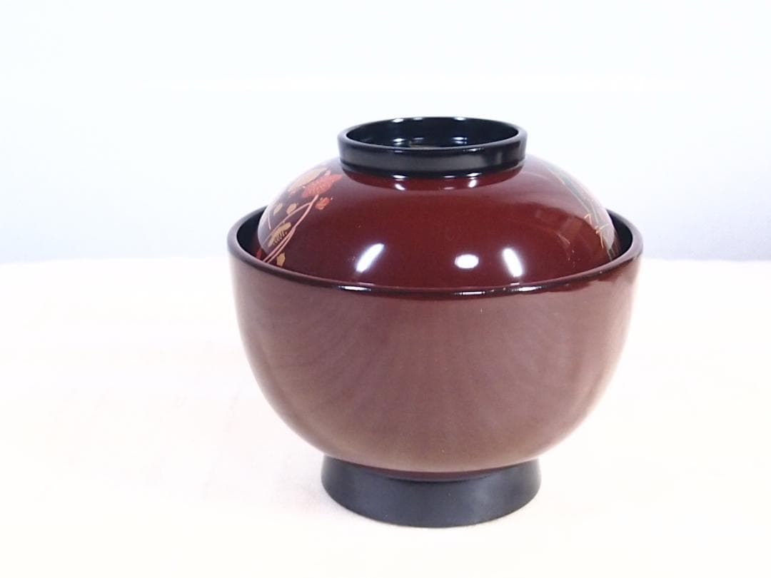 【中古・焼けあり】輪島塗 花の丸四君子蒔絵 雑煮椀5客 煮物椀/丼椀 武田漆器店