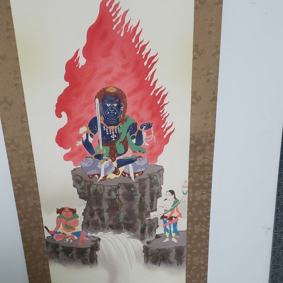 販売 掛軸-1698 永田華堂 聖観音 紺紙金泥 共箱 仏教絵画