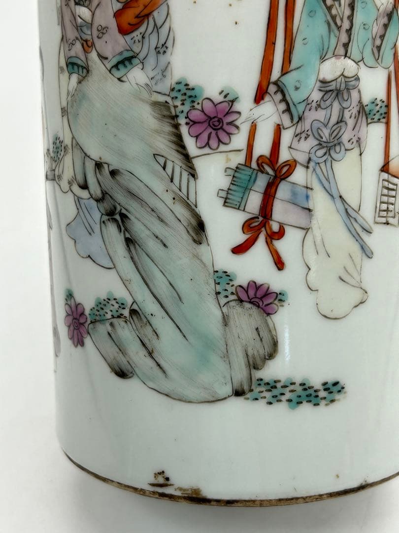 岐No28 中国 清時代 粉彩筆筒② 帽筒 美女図 同治年製 送料込み0503