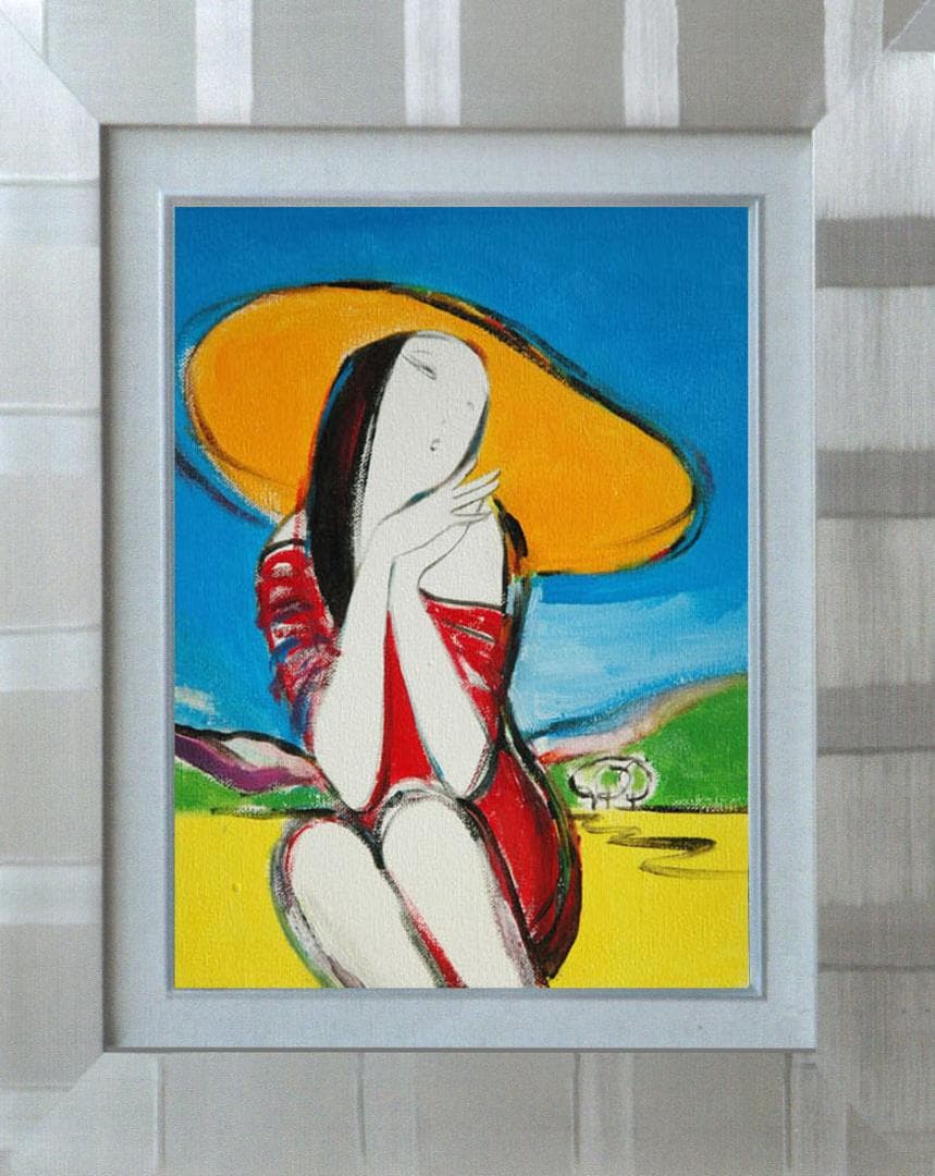 油絵 菅家令子 絵 絵画インテリア額付(青緑＋金色の枠)F3-010511 女性