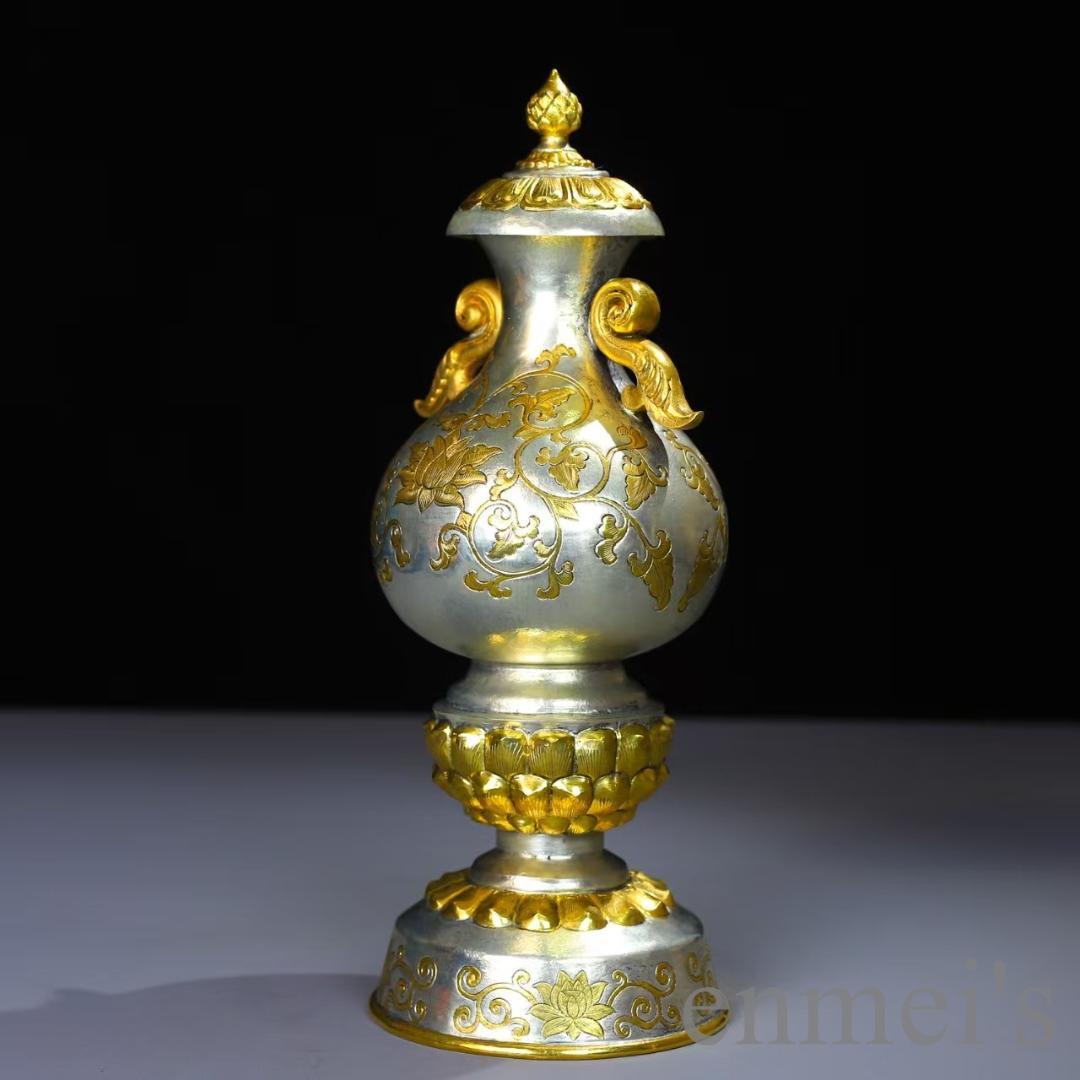 中国古美術 鍍金銅瓶 手彫り 鏨刻 描金 純銅製 花器 床の間飾り古賞物 古擺件