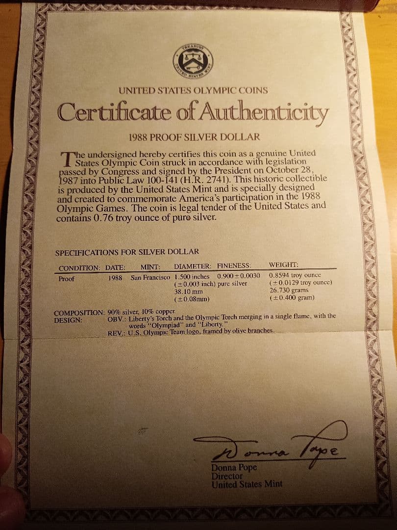 1988年 アメリカ オリンピック 記念 銀貨 $1 プルーフ（銀0.900）