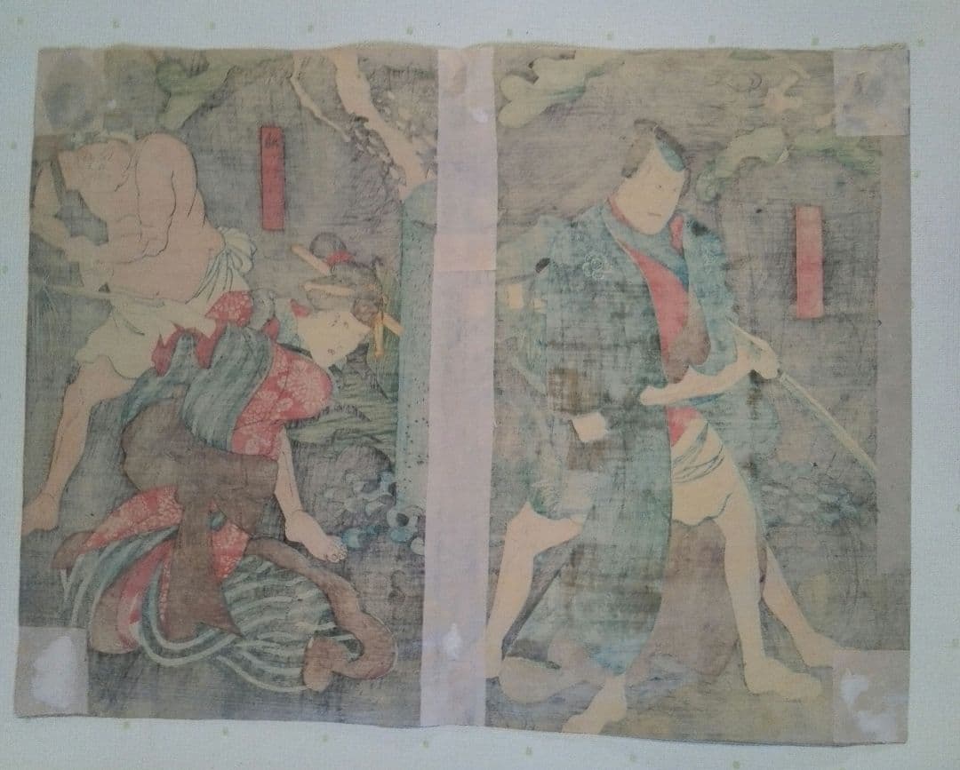 浮世絵、伊勢音頭恋寝刃(役者絵）二枚綴り二枚つながてます。歌川国芳画