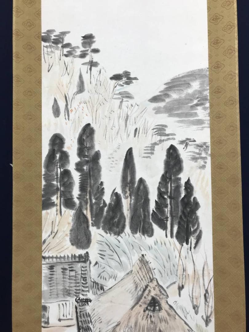 【真作】大草/秋景山家図/山水図/秋景山水図/掛軸/名家伝来/AC-44