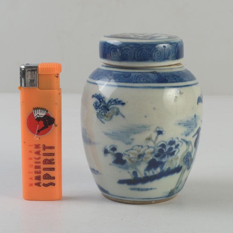 中国 青花 山水花鳥文 蓋壷 Z 8619 中国 青花 山水花鳥文 蓋壷