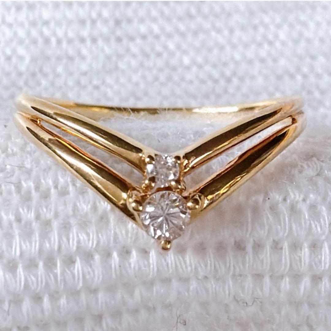 【1541】 K18 天然ダイヤモンド 2連 透かし V字 11.5〜12号