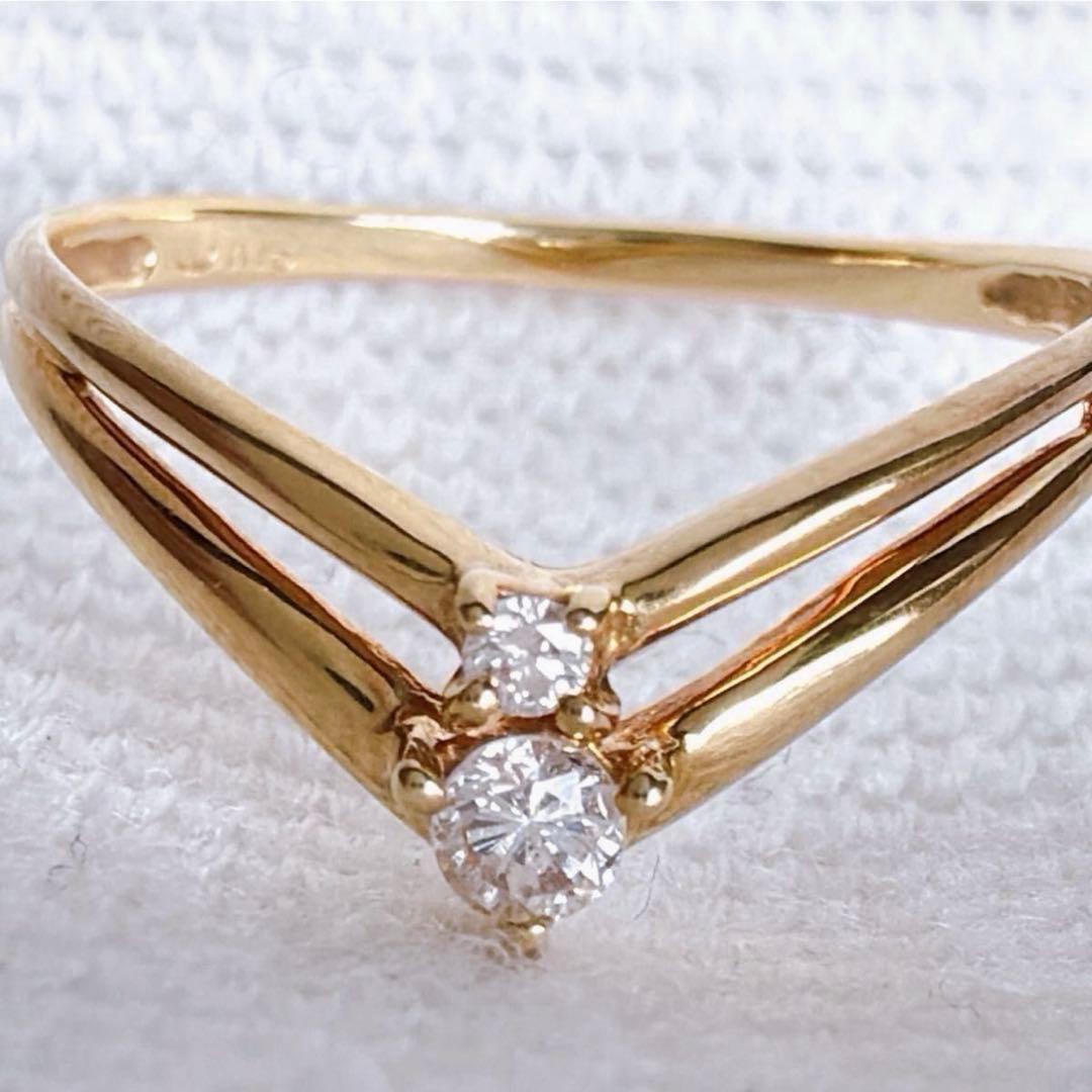 【1541】 K18 天然ダイヤモンド 2連 透かし V字 11.5〜12号