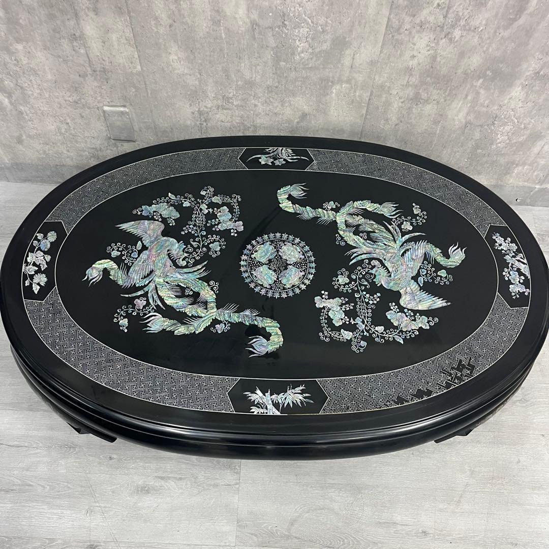 こうね様 専用 螺鈿細工 ガラス天板付き 座卓 テーブル 鳳凰 黒漆