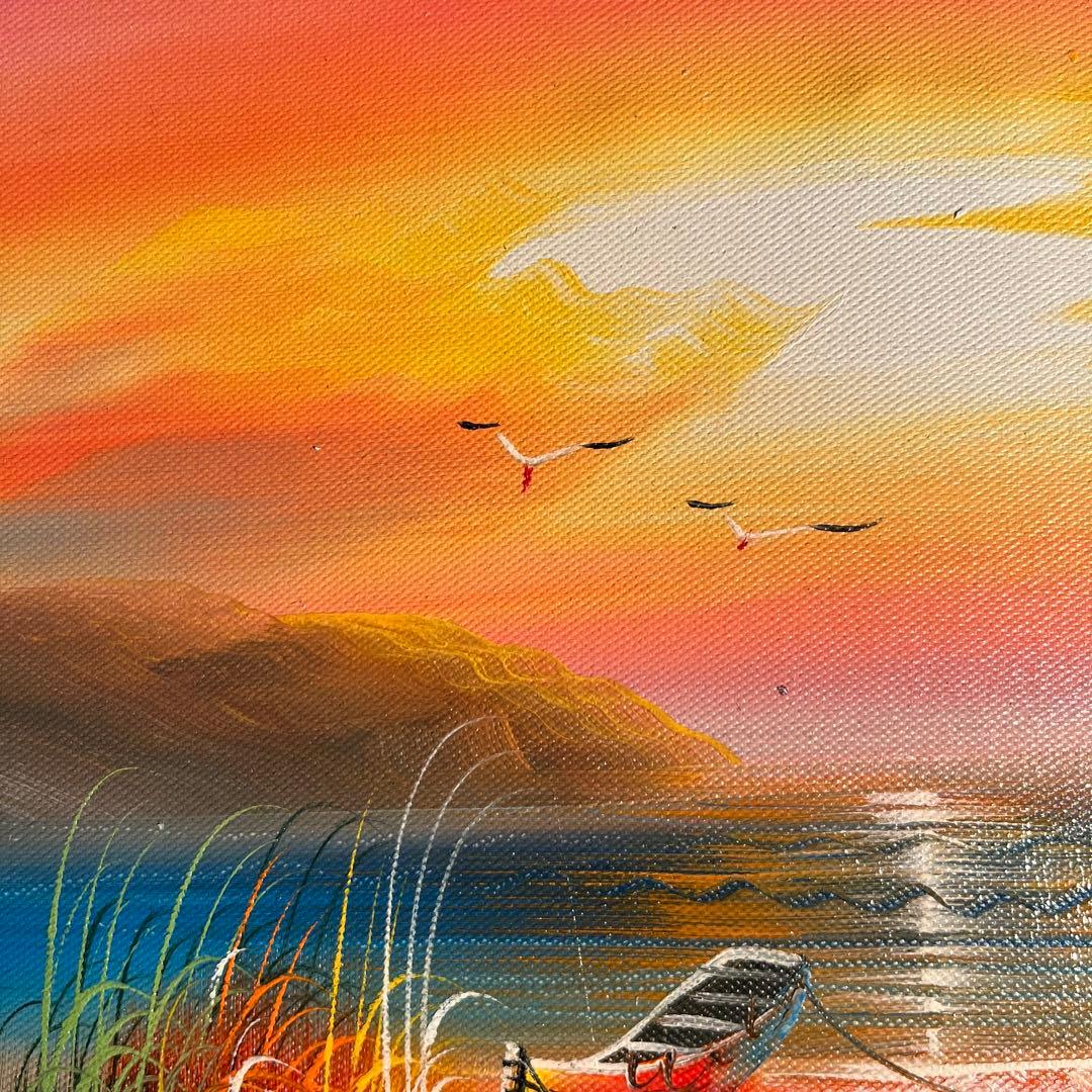 絵画 インテリア 絵 額付（黒）油絵 F6-030707 雪景色 朝陽 夕陽 絵画