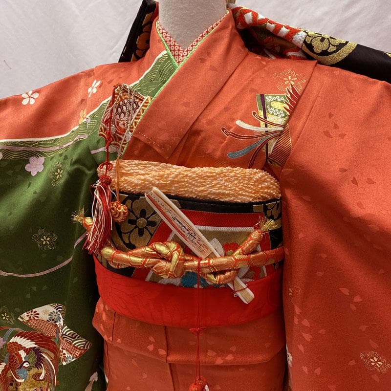 504ag79◎七五三 七歳 女児 着物&袋帯&長襦袢 鳳凰扇梅 金彩 刺繍◎