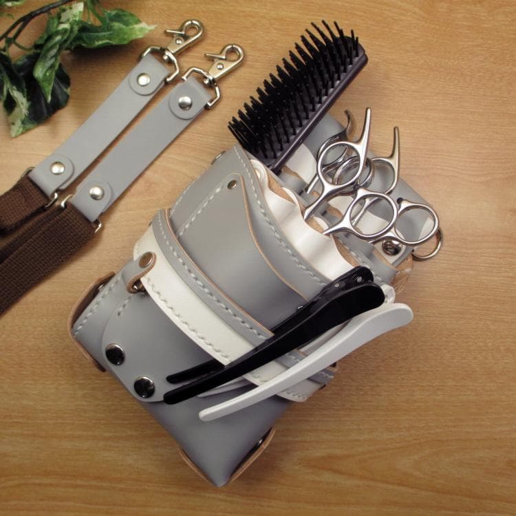 ライトグレー＆ホワイト　８丁差し　本革シザーケース　SCA-143/CHA