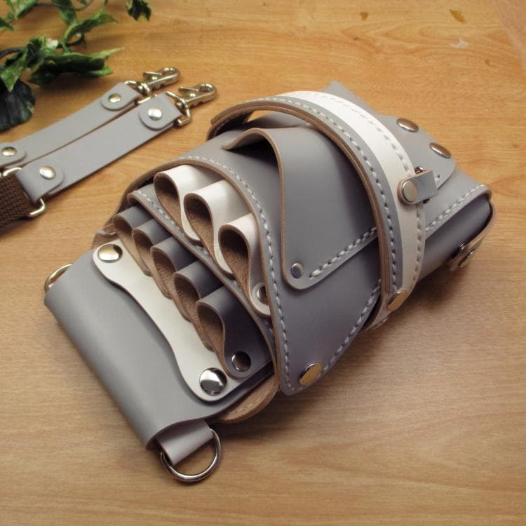 ライトグレー＆ホワイト　８丁差し　本革シザーケース　SCA-143/CHA