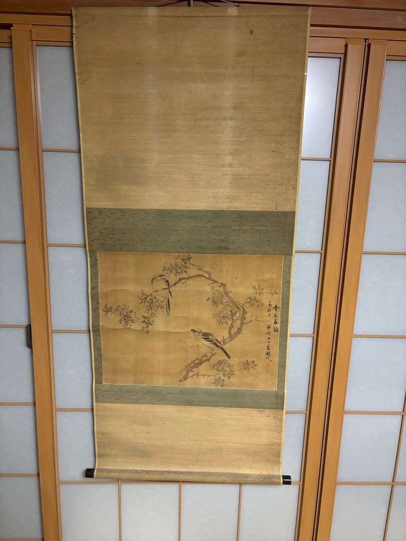 水墨画 鳥と花 李三白鶴 署名あり　掛け軸　骨董品