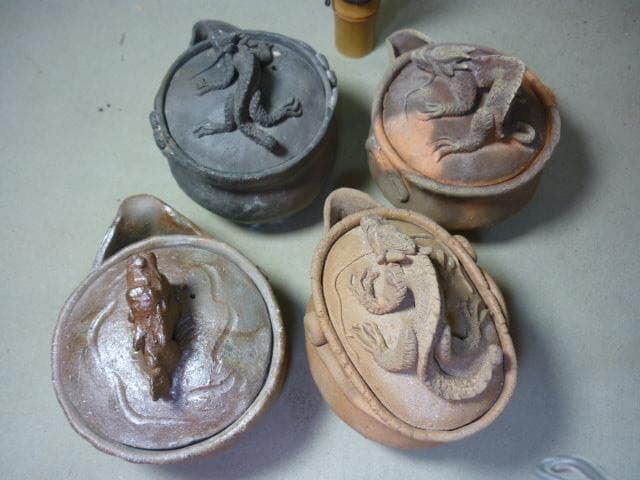 備前焼 備前手造り龍宝瓶 獅子宝瓶 在銘 2点セット 煎茶器