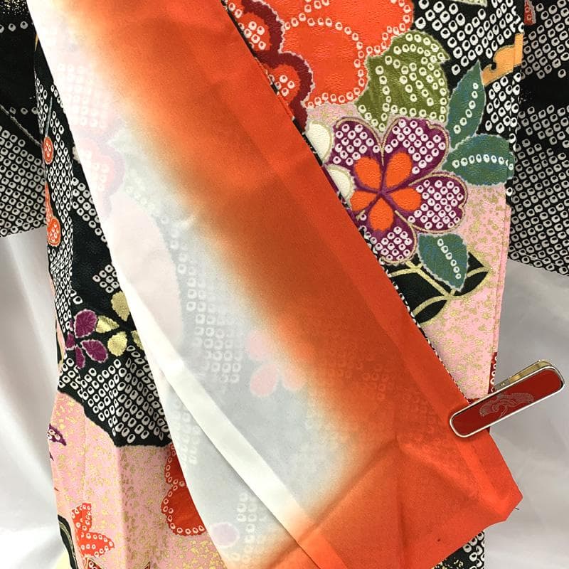 504ag9,帯揚げ帯締めしごき□七五三 七歳 女児 着物&袋帯 金彩 絞り風