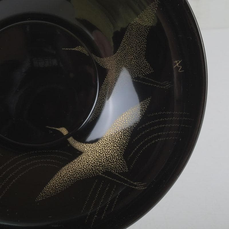 和食器　輪島塗　文化功労者　三谷吾一作　千羽鶴沈金　茶托　五客　共箱　V9771