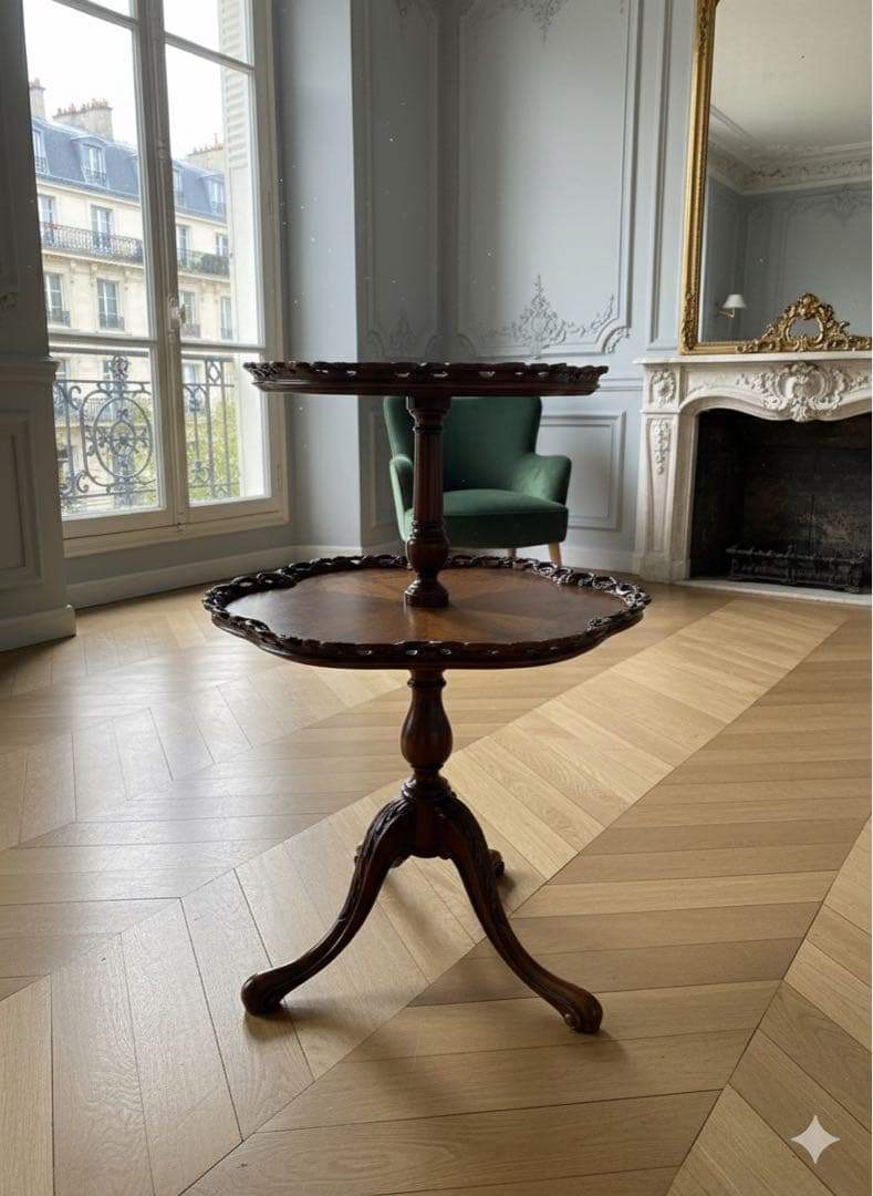 イギリスアンティーク 2段テーブル マホガニー象嵌装飾 透かし彫り