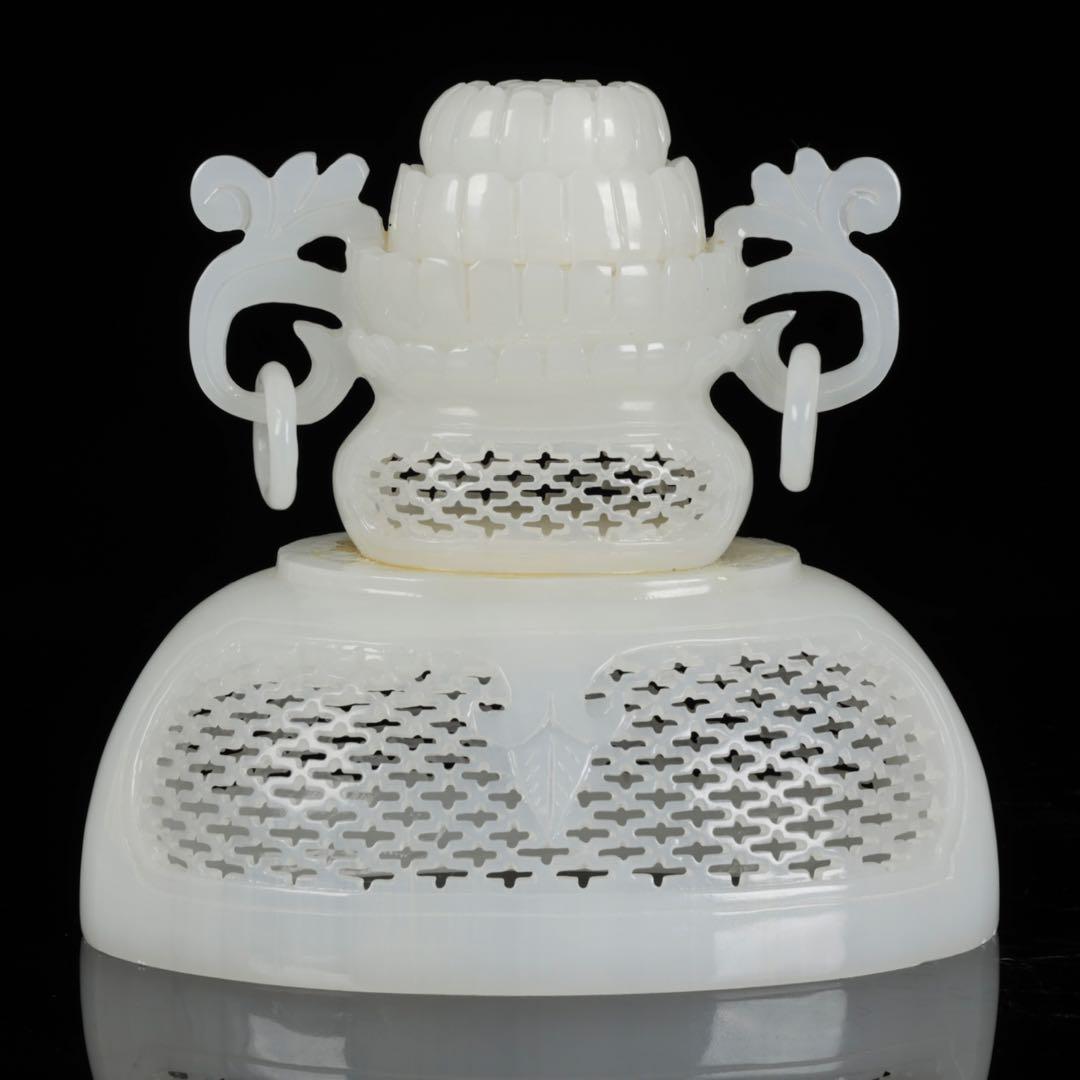 大*発様 中国古玩 白玉石大香炉 龍透彫細密彫刻 高