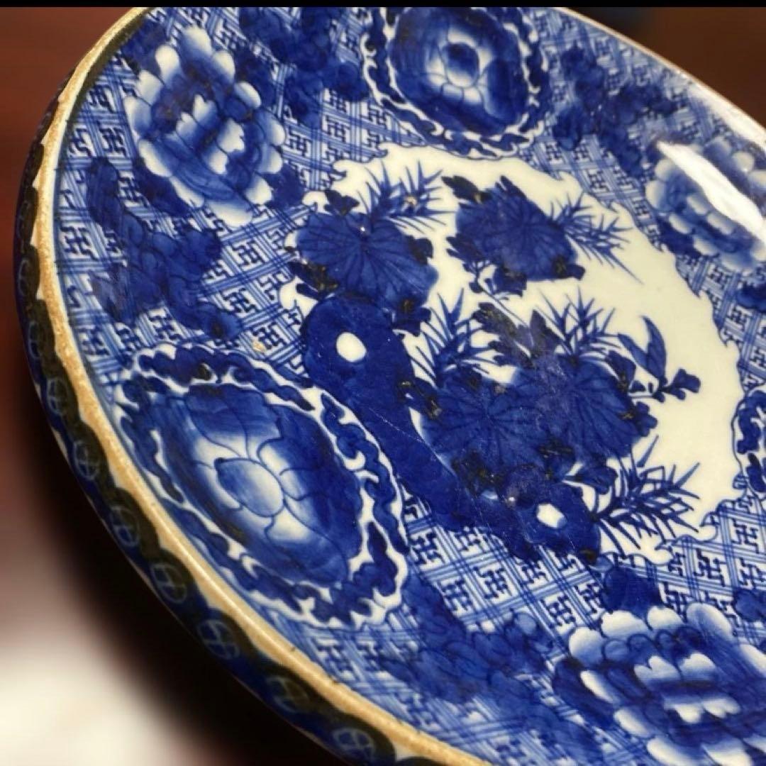 骨董 古伊万里 ベロ藍 染付絵皿 花絵図 中皿 アンティーク インテリア
