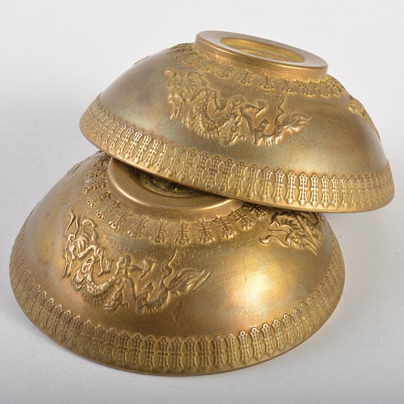 中国 古銅宣徳銅 洪字底款福禄寿禧 酒盃 一對