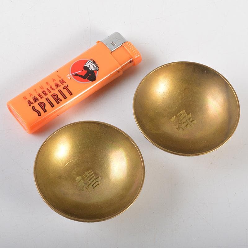 中国 古銅宣徳銅 洪字底款福禄寿禧 酒盃 一對