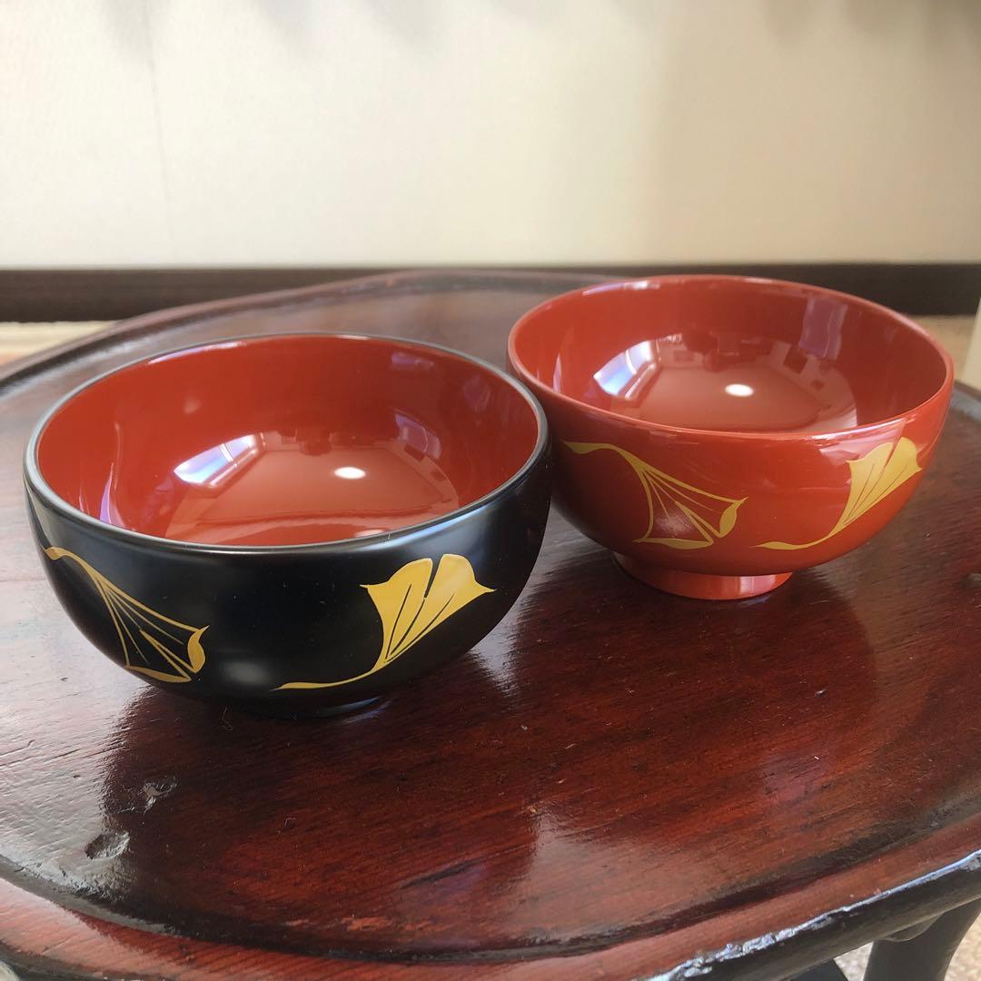 浄法寺塗　夫婦汁椀　銀杏紋　2客　うるみ工芸　天然木　専用箱　未使用品　美品