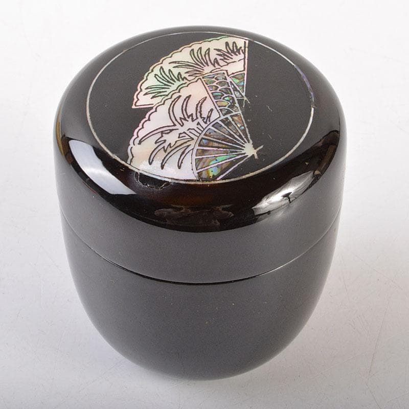 茶道具　朝鮮漆器　黒漆　金命山作　螺鈿扇　寿　棗　共箱　Ｖ　6876