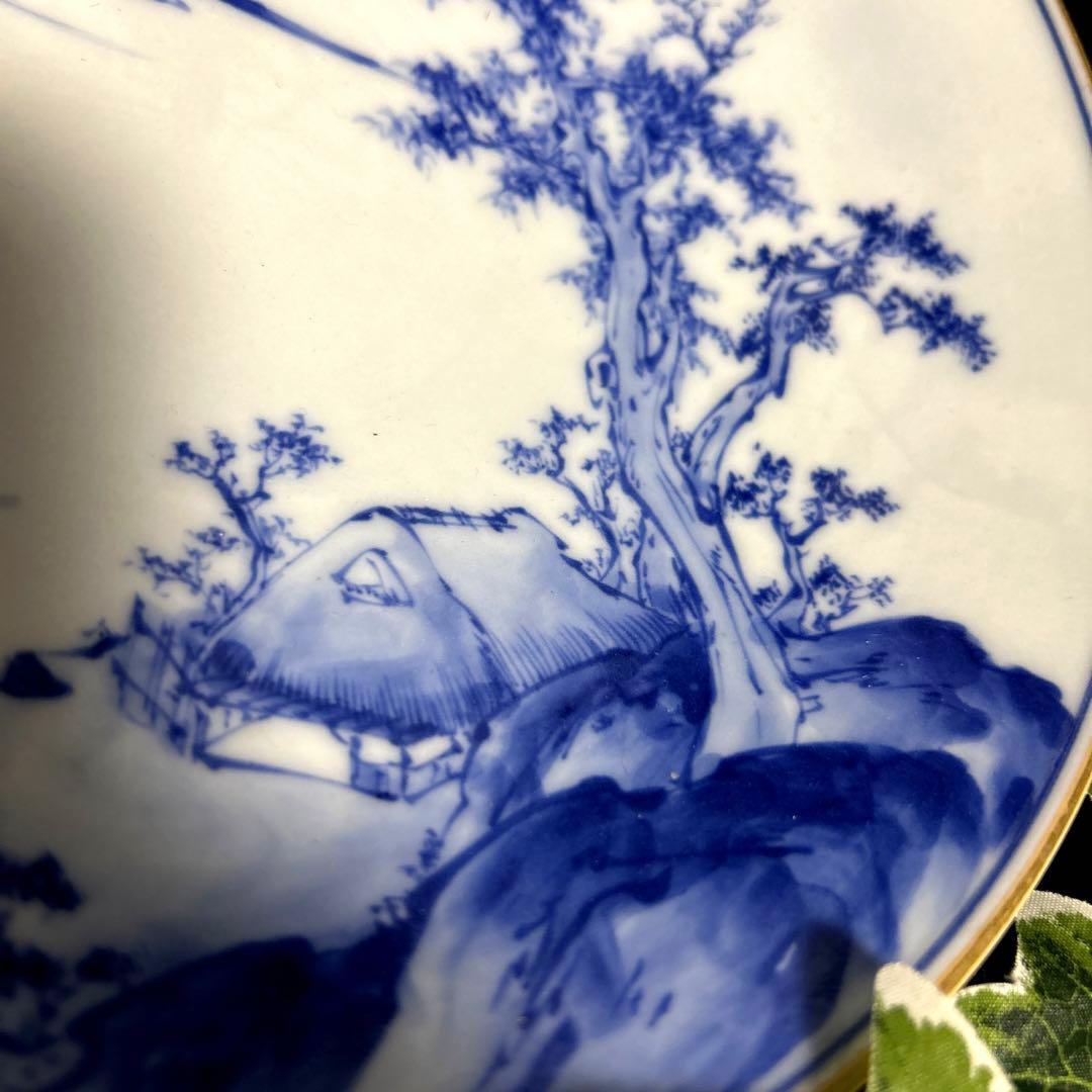 骨董品 古九谷 九谷焼 金彩染付 帆舟・楼閣山水図 大皿 アンティーク