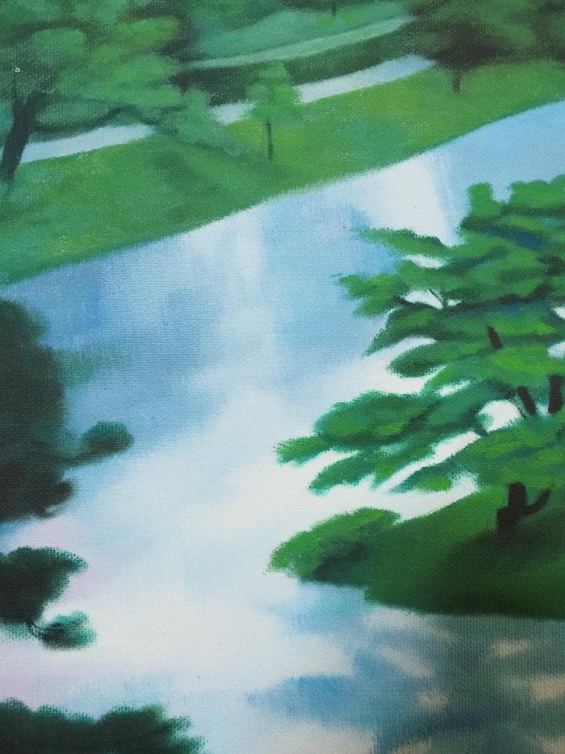 【値下げ】 風景画　油絵　東山魁夷　河辺の緑　F8　額付き　手描き　肉筆