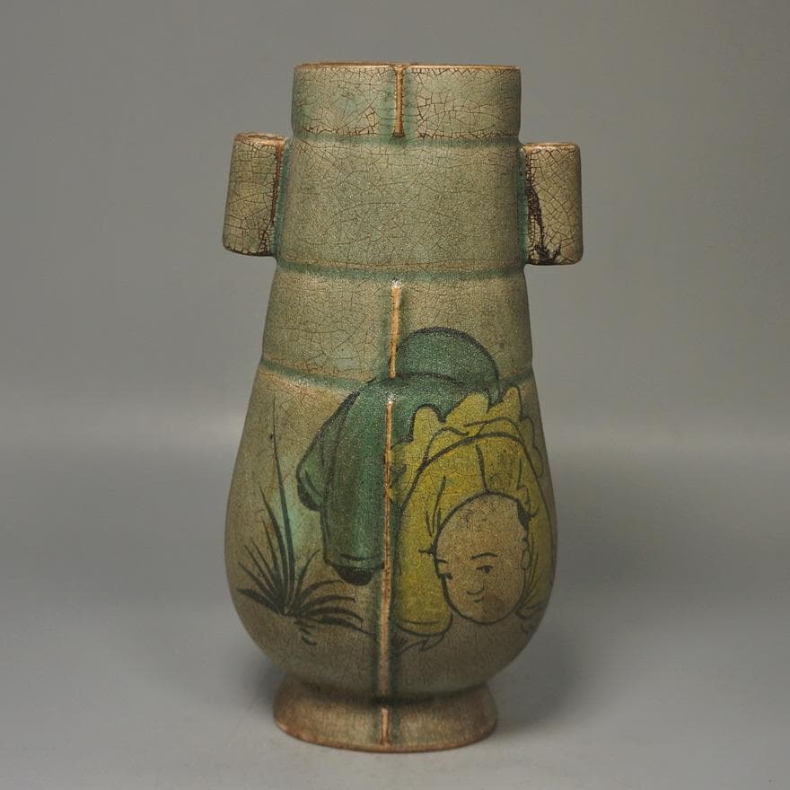 中国古美術 宋代 磁州窯 刻花卉紋 玉壺春瓶 唐物 青磁 花と子供 陶器瓶