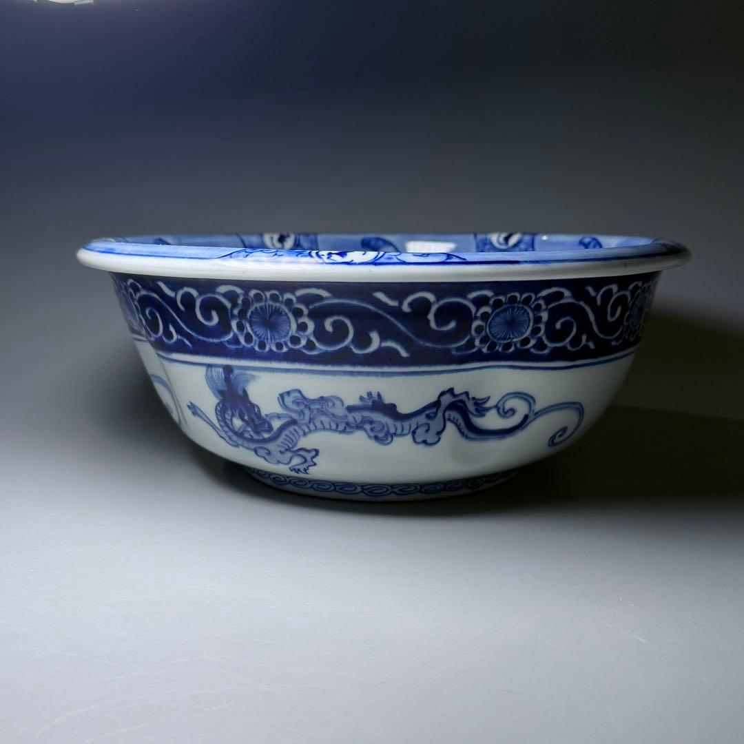 明治時代 大日本 肥碟山 山口製 染付祥瑞丸文様鉢 銘有り 直径26cm