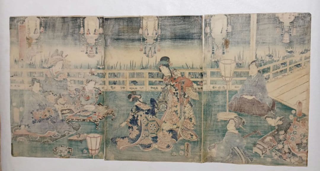 浮世絵版画、花菖蒲由縁色廓三枚綴り 三代歌川豊国画安政四年