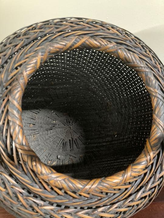 アンティーク竹編み籠 大型 花籠 在銘 美品
