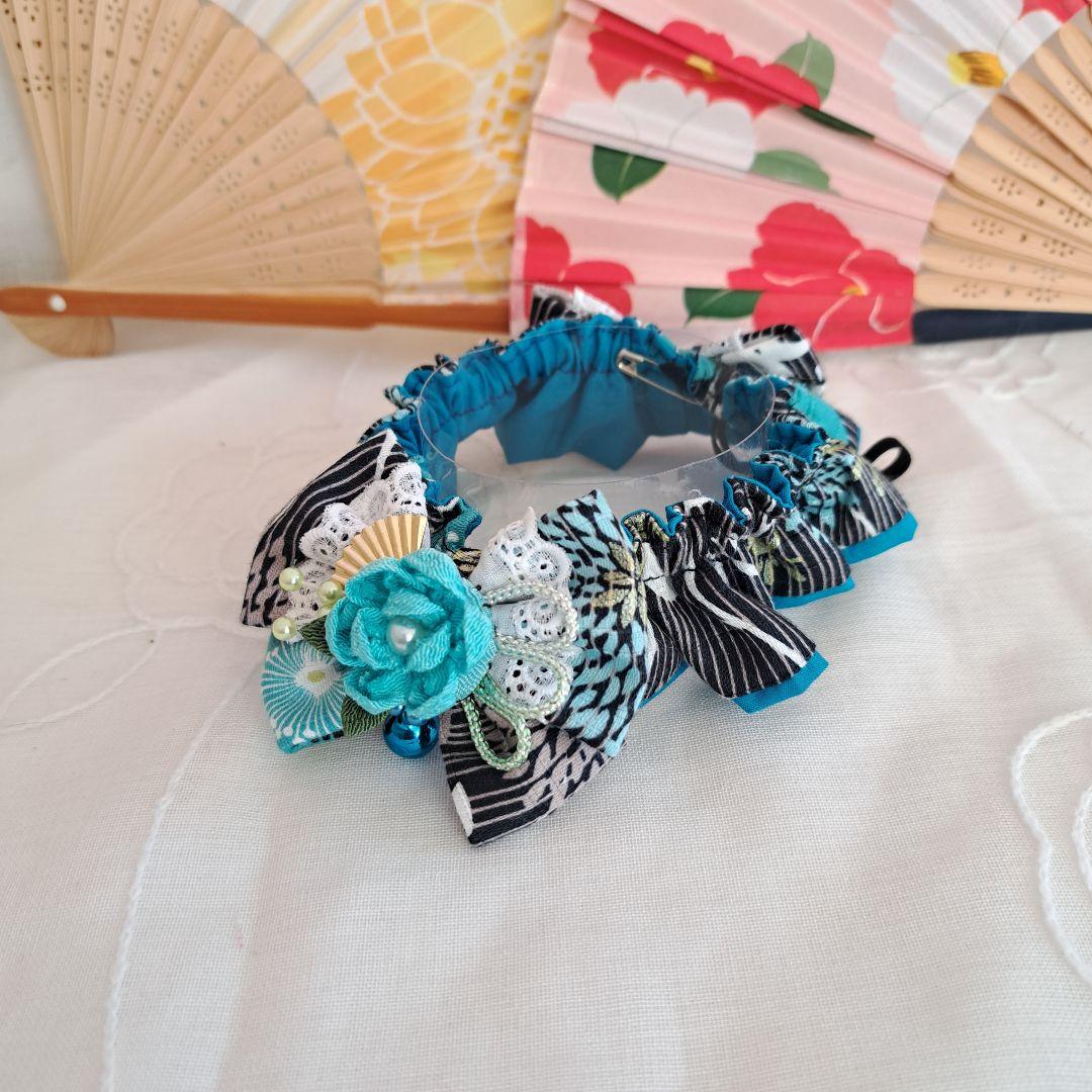 幅広シュシュ(ピンク×黒①)つまみ細工付き、わんちゃん猫ちゃん用 幅広